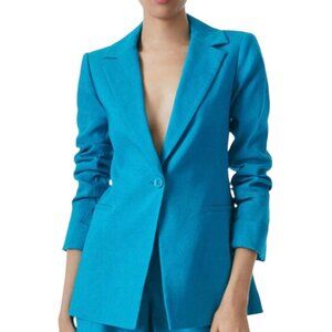 Alice + Olivia Ocean Blue Pailey Linen Blend Fitted Blazer Jacket Sz 4 Chic